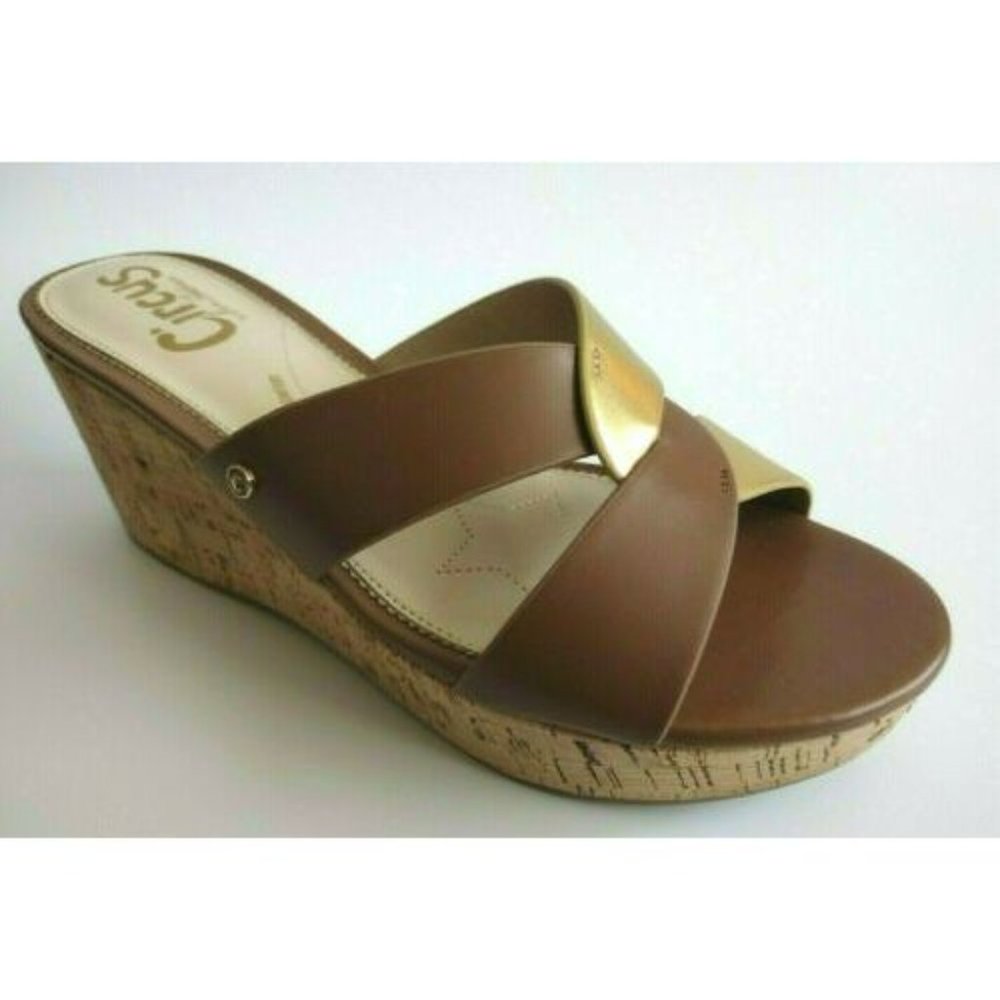 NEW SAM ELDELMAN Gold Brown Comfort Cork Wedge Mule Sandal Shoes